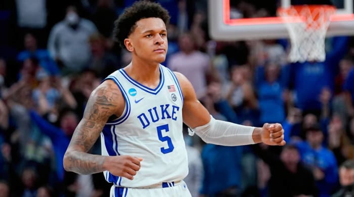 Duke forward Paolo Banchero (5) celebrates during the first half of a college basketball game against Arkansas in the Elite 8 round of the NCAA men’s tournament in San Francisco, Saturday, March 26, 2022.
